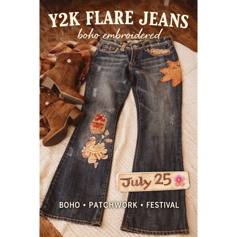 July 25 Y2K Embroidered Flare Jeans Size 30 Boho Patchwork Denim Festival 🌸🔥